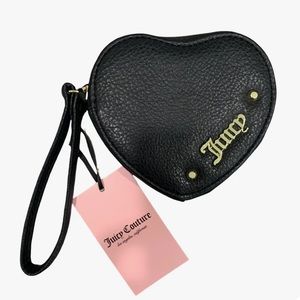 Juicy Couture Black Pleats Please Heart Faux Leather Zippered Wristlet NWT!